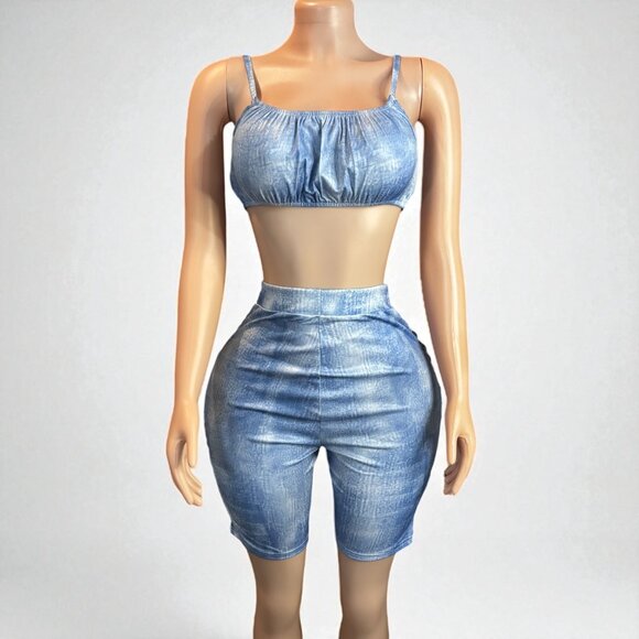 High-waisted Two Piece Blue Short Set - Picture 5 of 7
